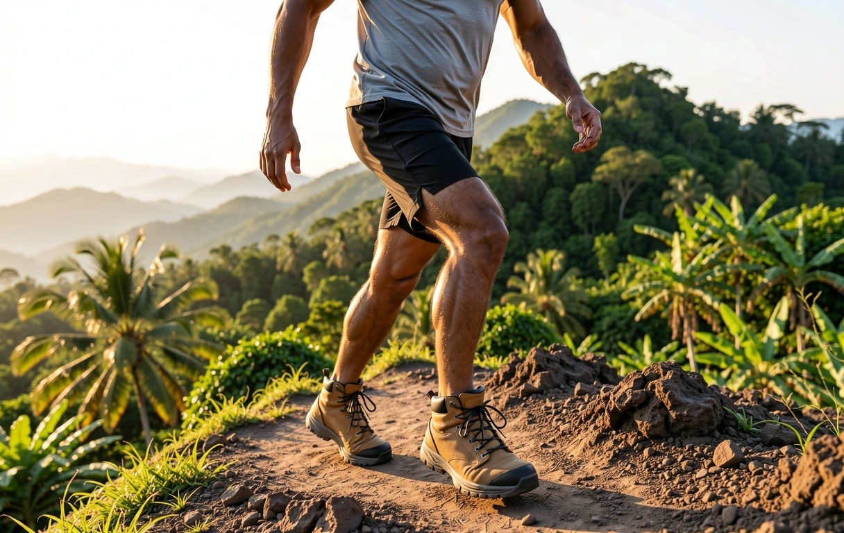 Active man hiking in Indonesian highlands
